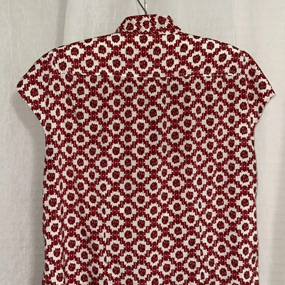 Tory Burch 10 Red White Pattern Cap Sleeve Neck Tie Silk Blouse
